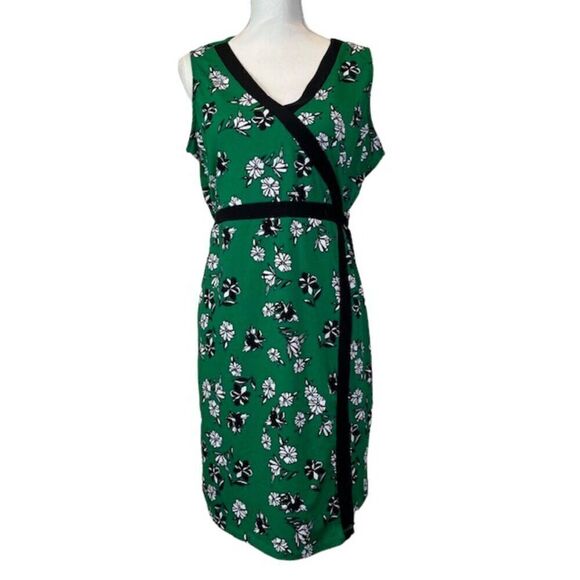 ADRIENNE VITTADINI Sleeveless Faux Surplice Dress Green With Black Trim Size L - Picture 2 of 11